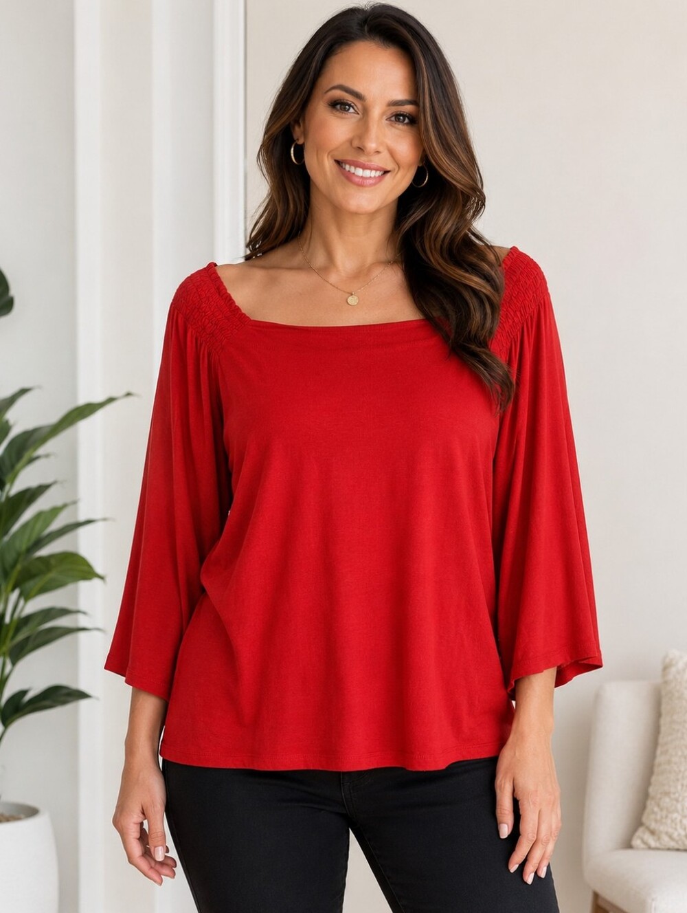IMAN Red Smocked Shoulder Bell Sleeve Top Size 1X NWT